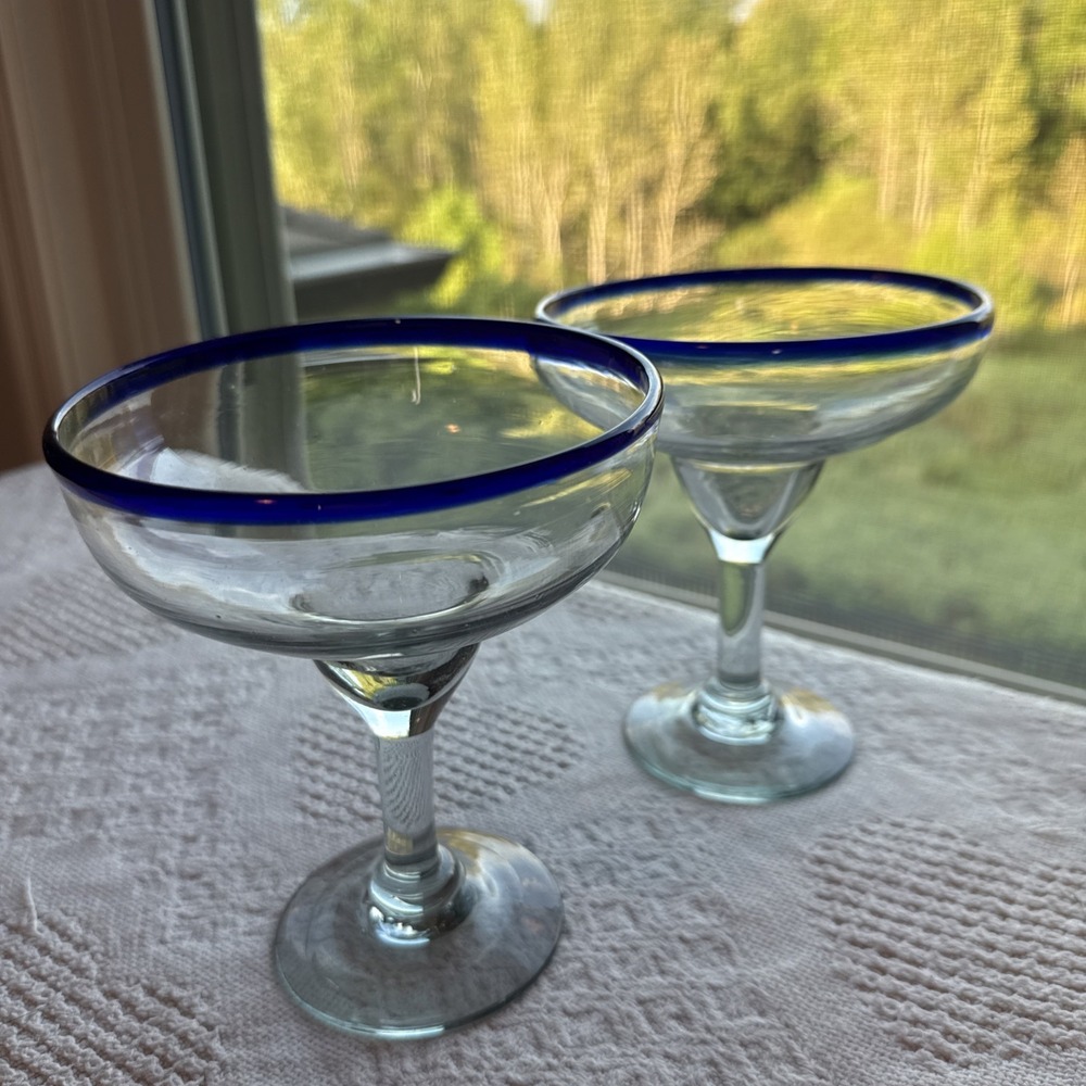 Mexican Hand Blown Margarita Glass Set of 2 Clear w/ Cobalt Rim 6" Tall Barware